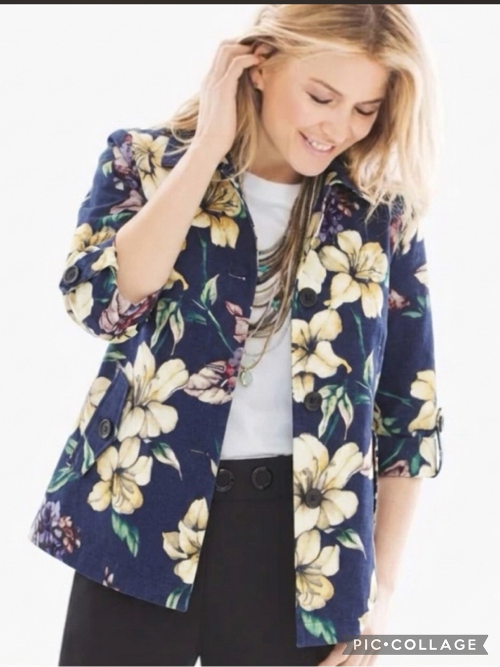 Chico’s Blue Floral Pleated Back Jacket NWT S Quiet Luxury